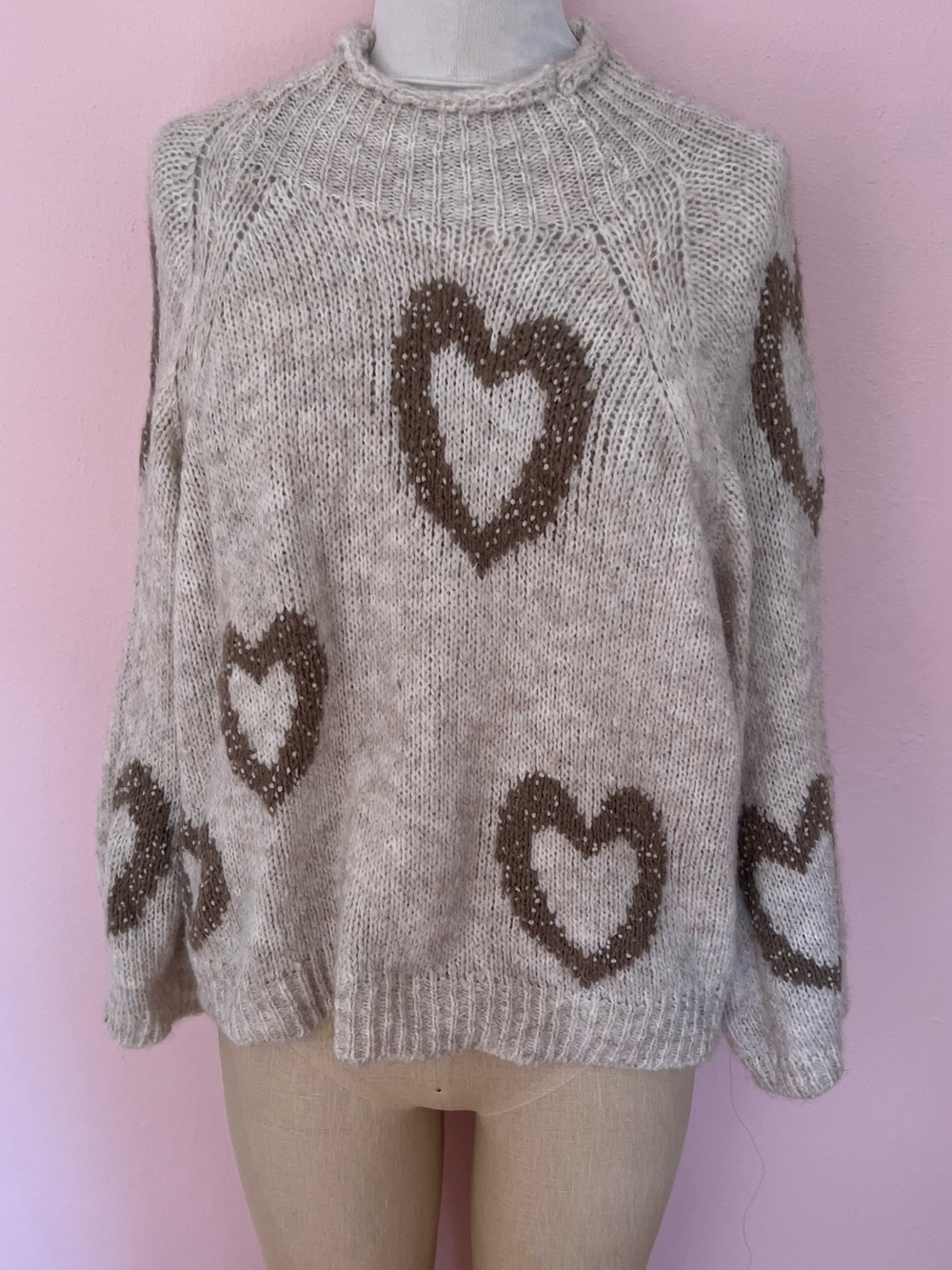 Neutral Heart Crewneck Sweater in Beige and Brown